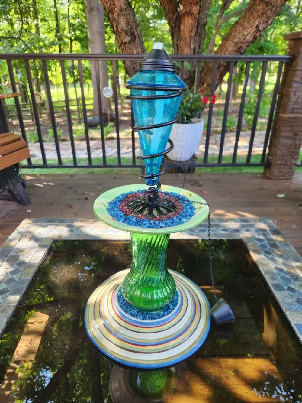Upcycled Blue Green Tiki Torch Crushed Glass Accents